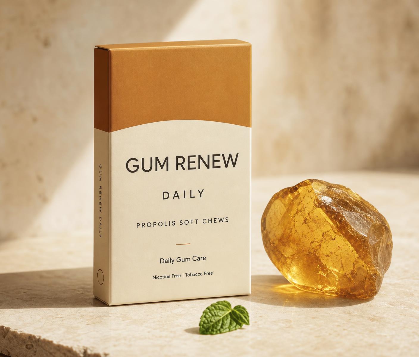 Slim amber and ivory Gum Renew Daily pack on a warm ivory stone surface beside amber propolis resin and a mint leaf